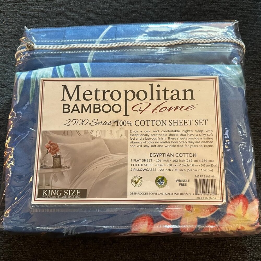 Metropolitan Bamboo Home King Sheet Set 2500 T.C. Egyptian Cotton-Blue Flowers